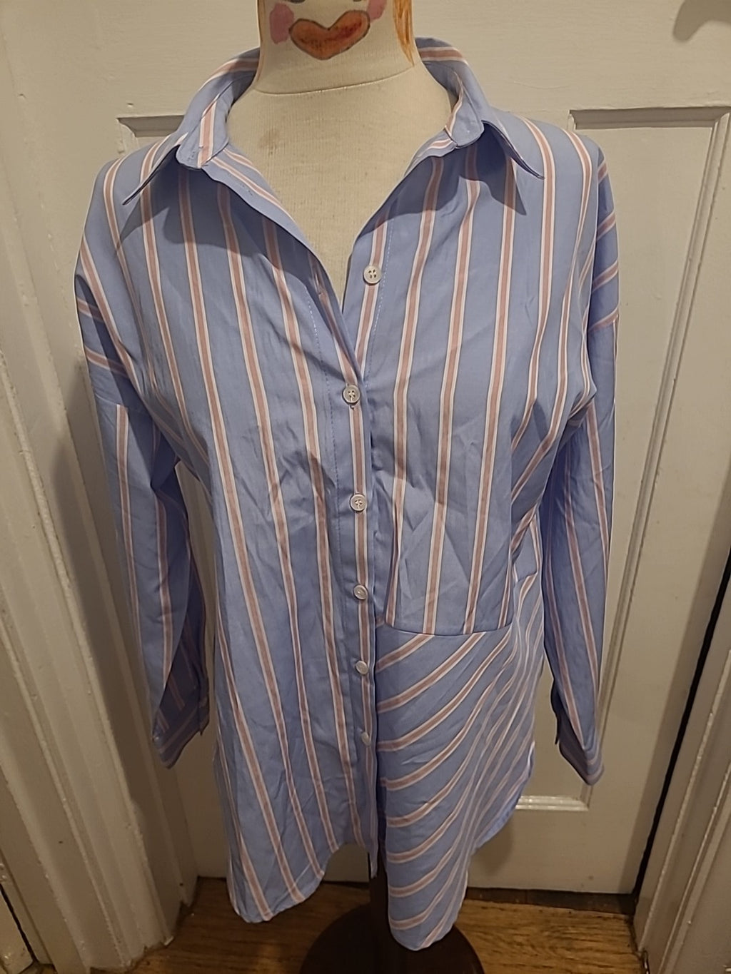 Ladies Primark Size 8 Pink/Lilac Striped Long Sleeved Shirt Dress Immaculate