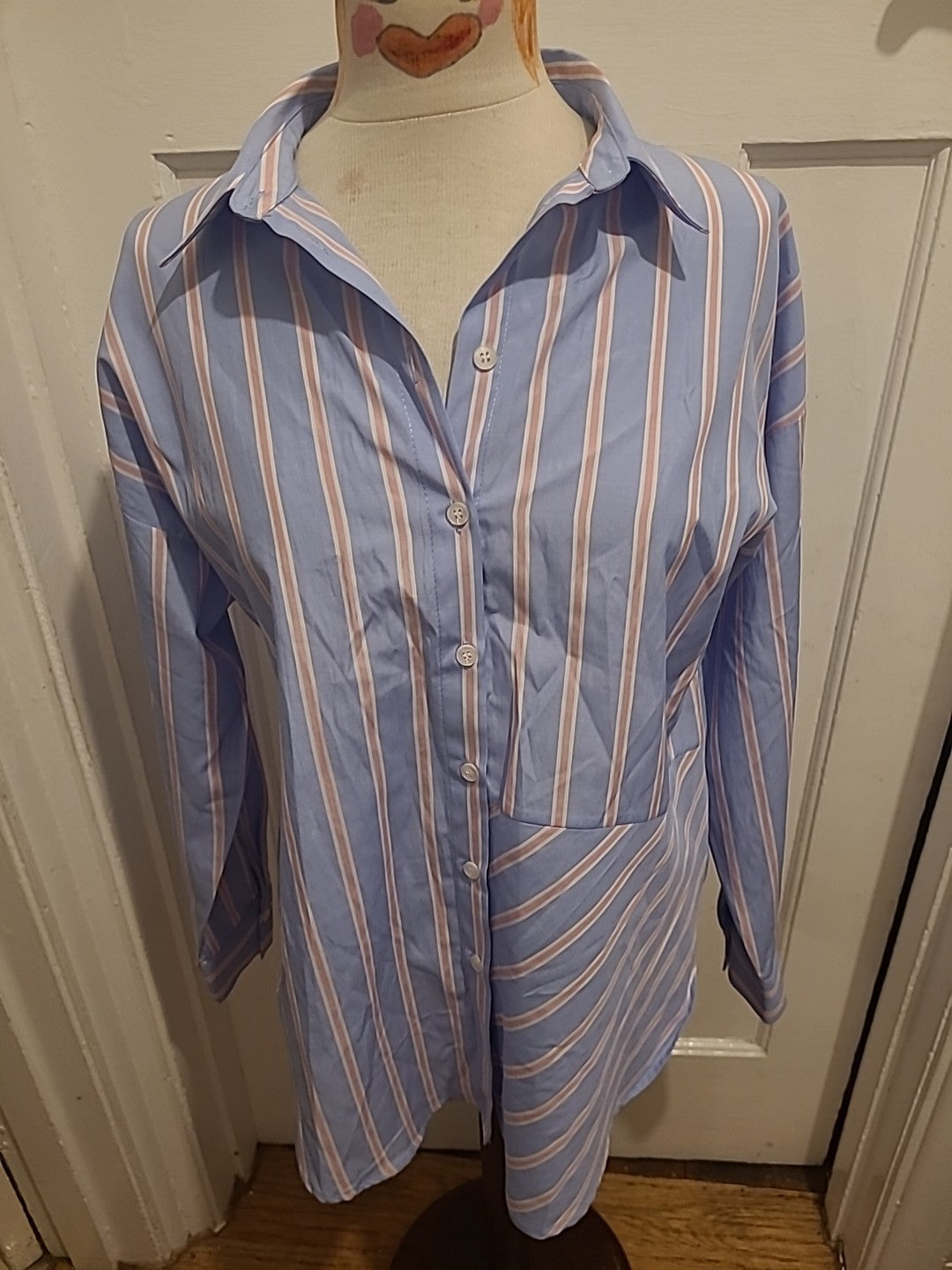 Ladies Primark Size 8 Pink/Lilac Striped Long Sleeved Shirt Dress Immaculate