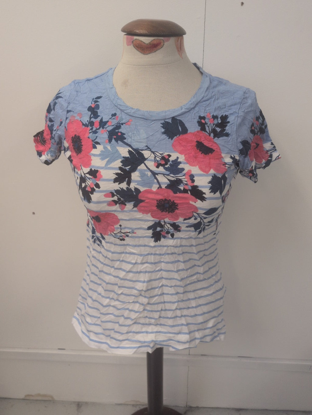 Ladies Joules Size 10 Blue Stripe Floral Short Sleeve T-shirt
