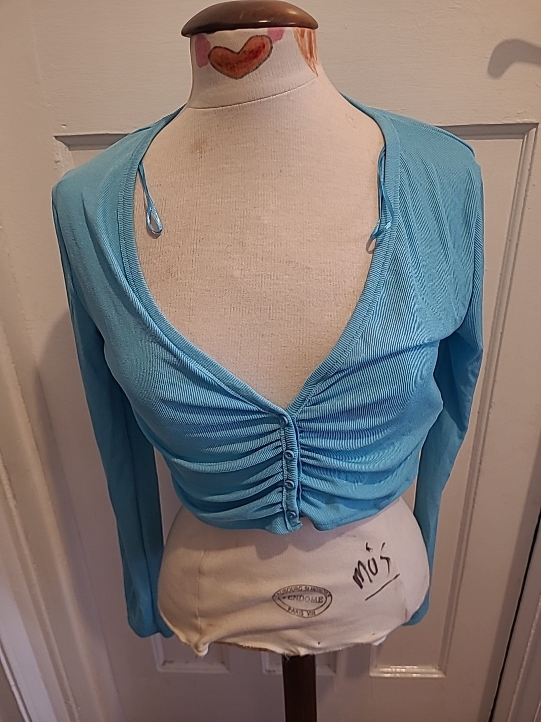 Ladies Zara Size Medium Pale Blue Cropped Long Sleeved Tshirt