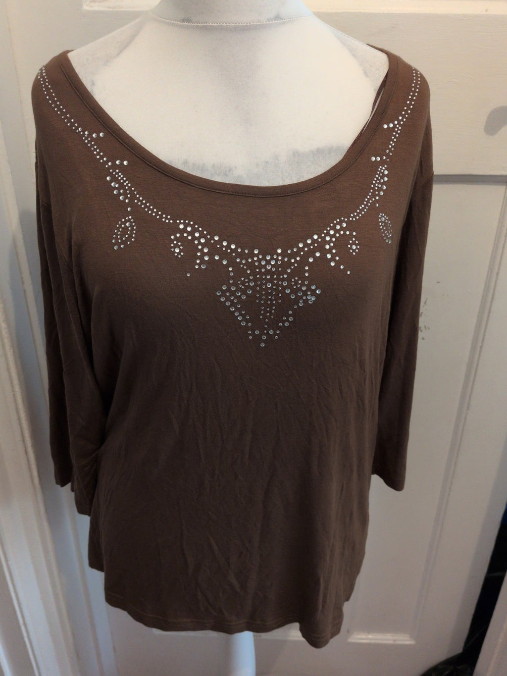 Damart 22/24 Khaki 3/4 Sleeve With Silver Diamante Blouse