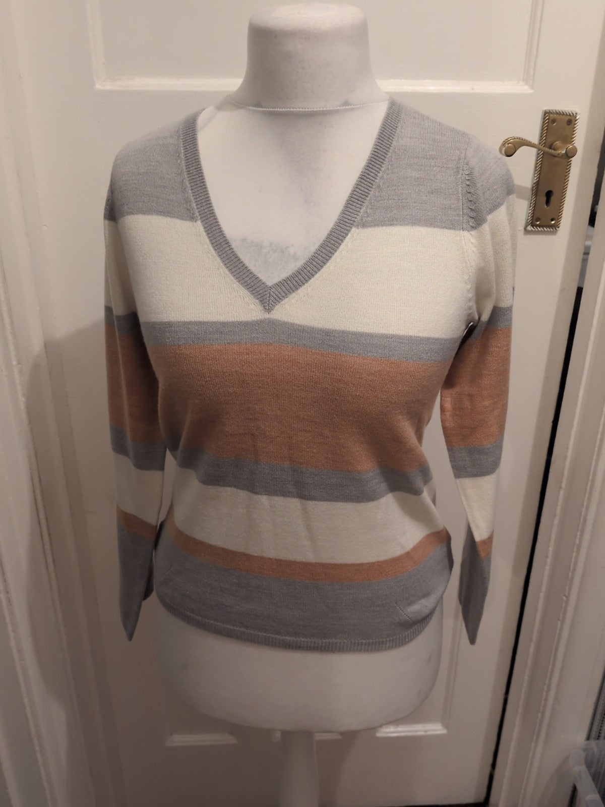 M&S Collection 8 Brown Lilac And White Stripe V Neck Jumper