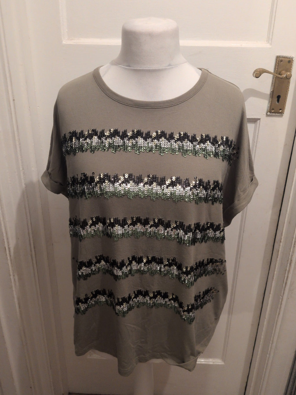 Ladies Next Size 16 Green With Sequins Short Sleeve T-shirt