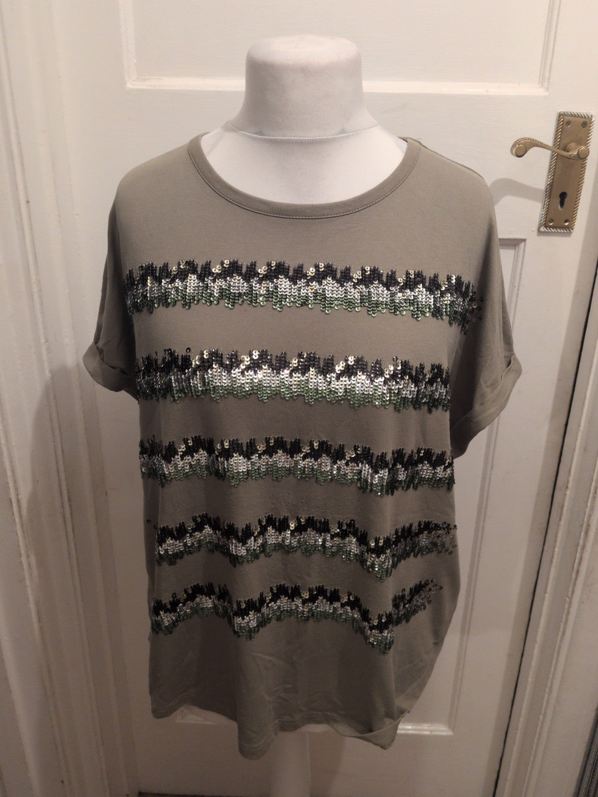 Ladies Next Size 16 Green With Sequins Short Sleeve T-shirt