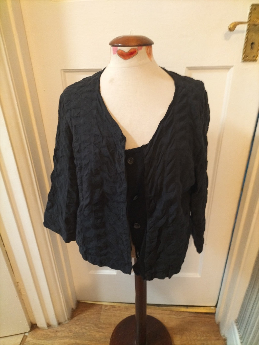 Ladies Size Large Navy Ruffled Buttoned Blouse