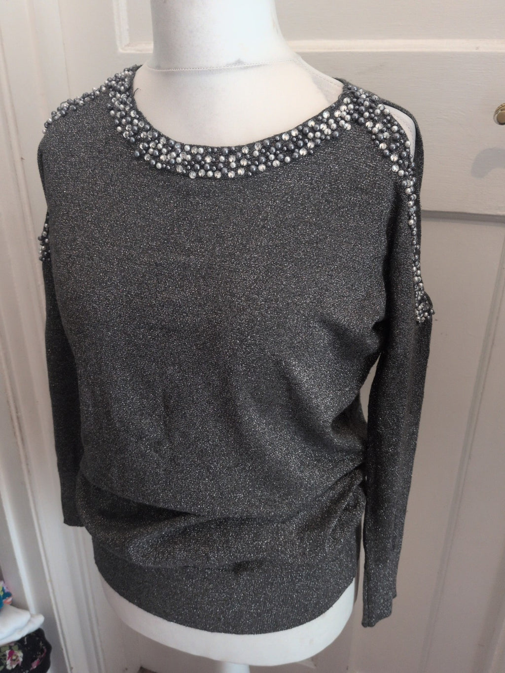 Wallis 12 Silver Shimmer Long Sleeve Diamante Oversized Top