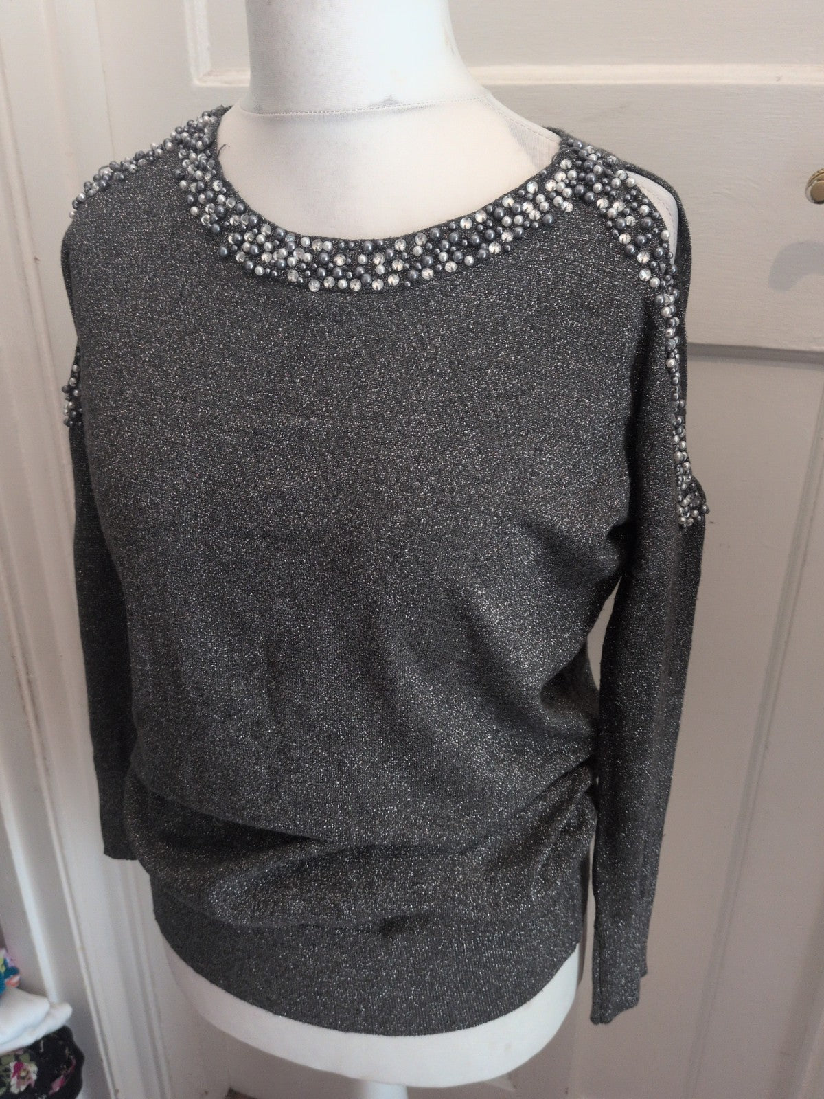Wallis 12 Silver Shimmer Long Sleeve Diamante Oversized Top