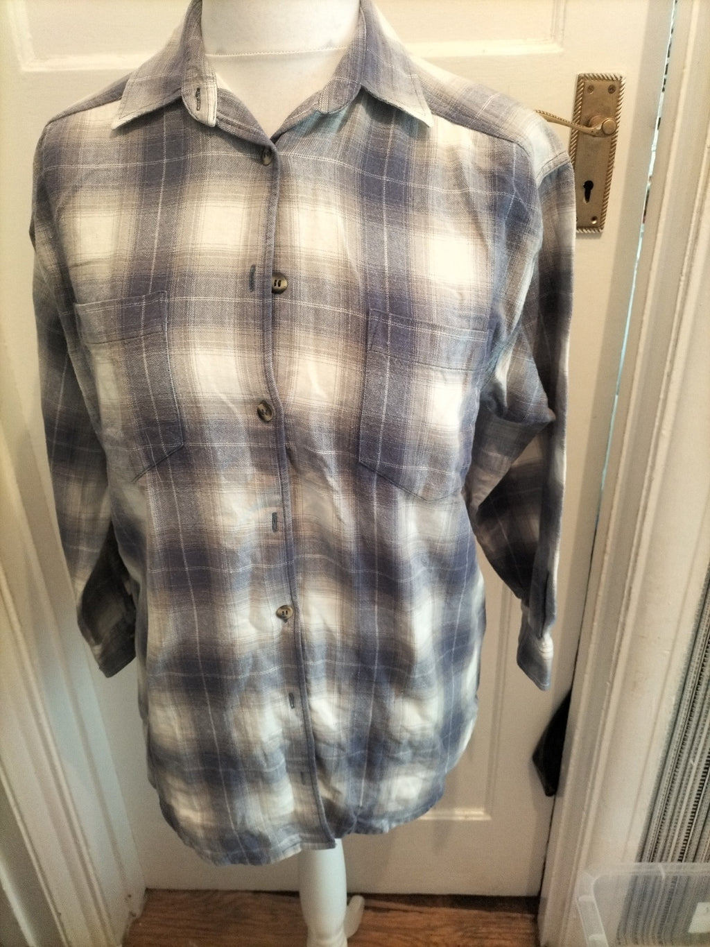 Size 12 Blue/Grey/White Check Long Sleeve Buttoned Blouse Shirt