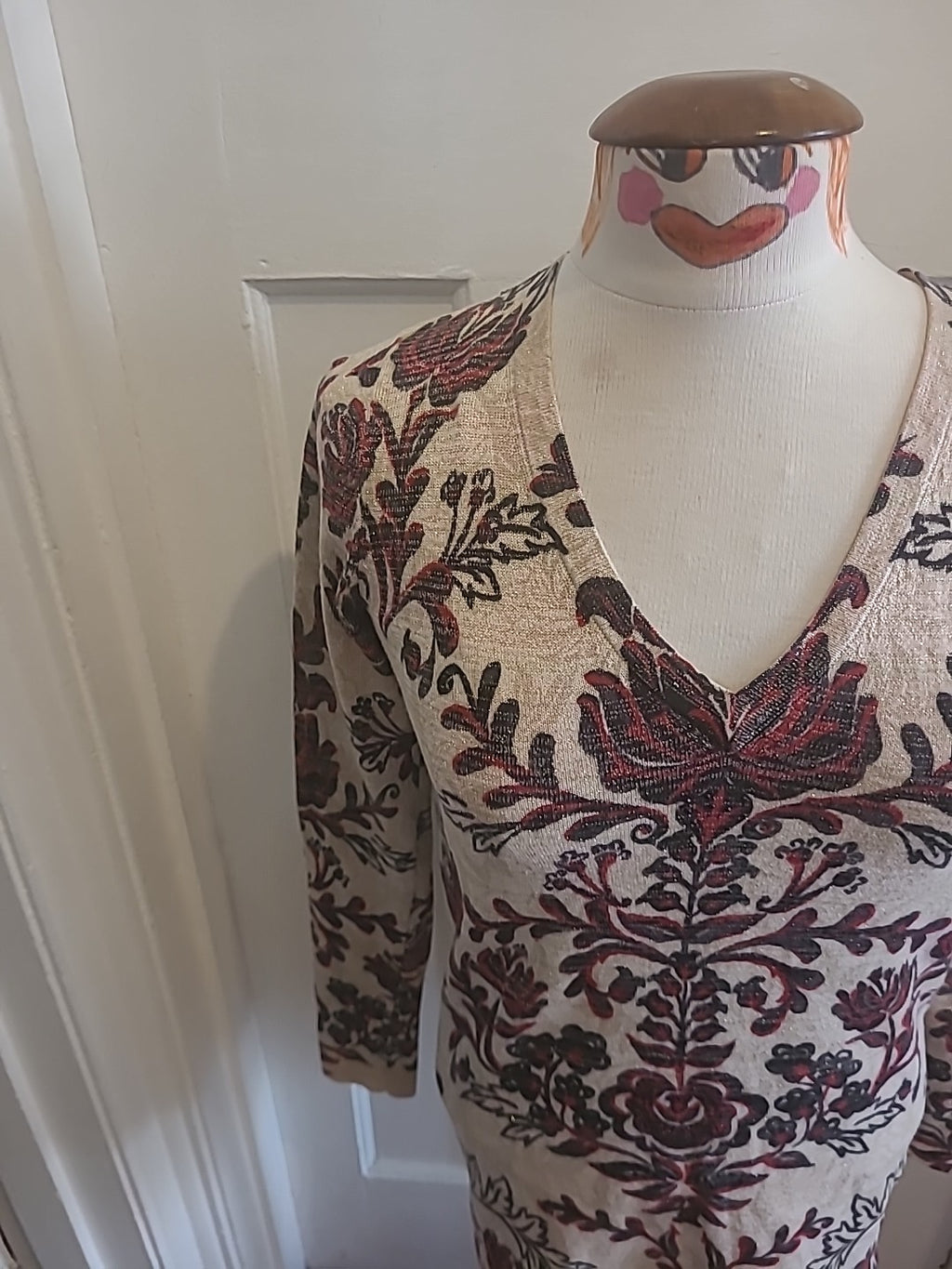 Ladies Next Size 8 Beige Black/Red Long Sleeved Longline Top