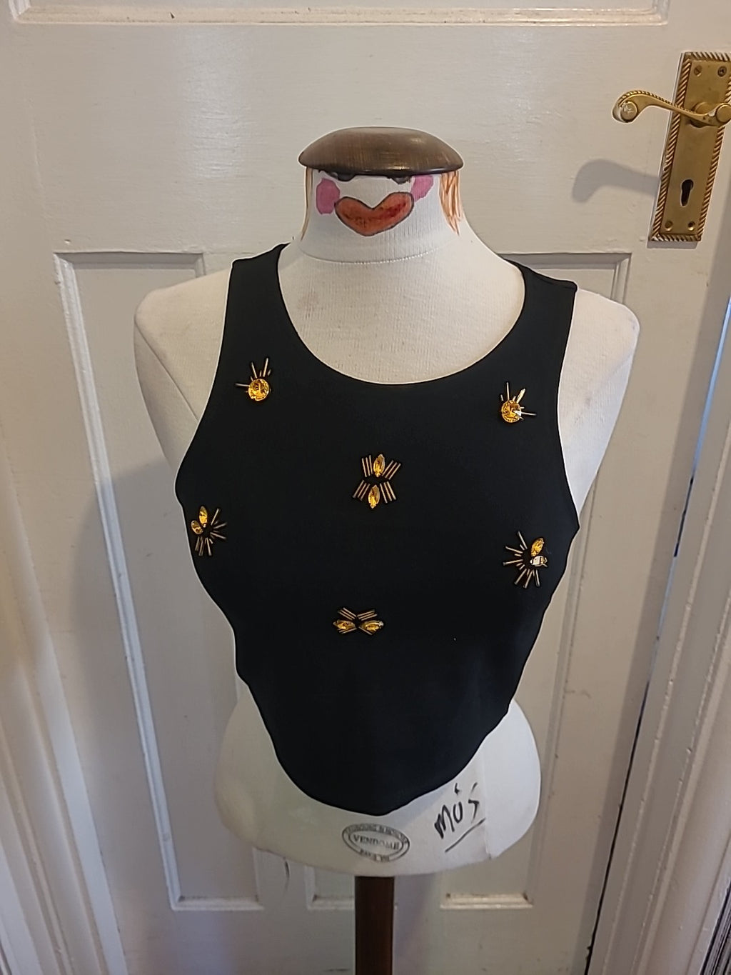 Ladies H+M Small Black Orange Diamonte Sleeveless Tshirt