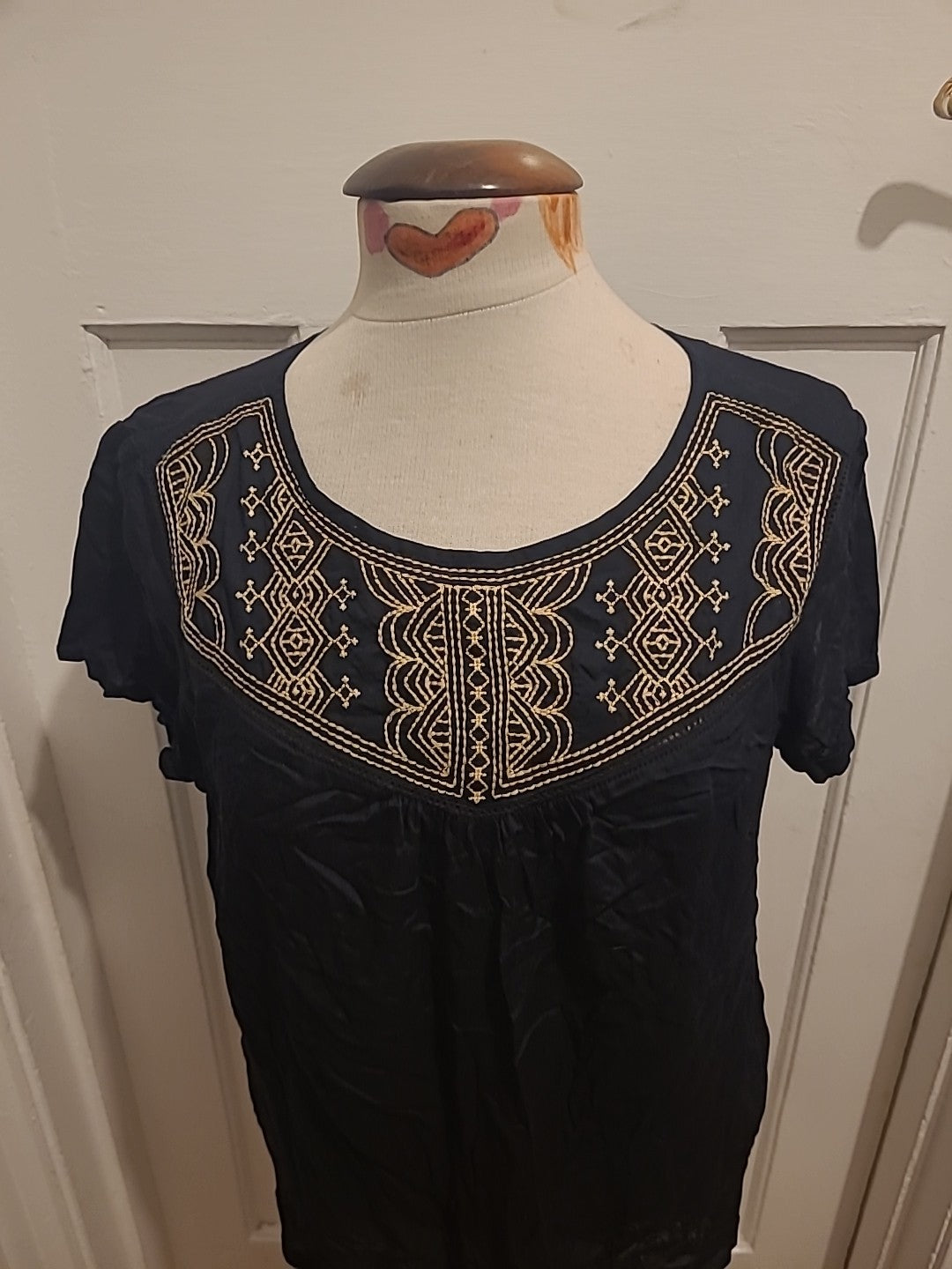 Ladies Marks And Spencer Size 14 Black Brown Embroidery Short Sleeved Blouse
