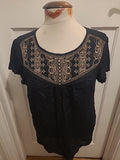 Ladies Marks And Spencer Size 14 Black Brown Embroidery Short Sleeved Blouse