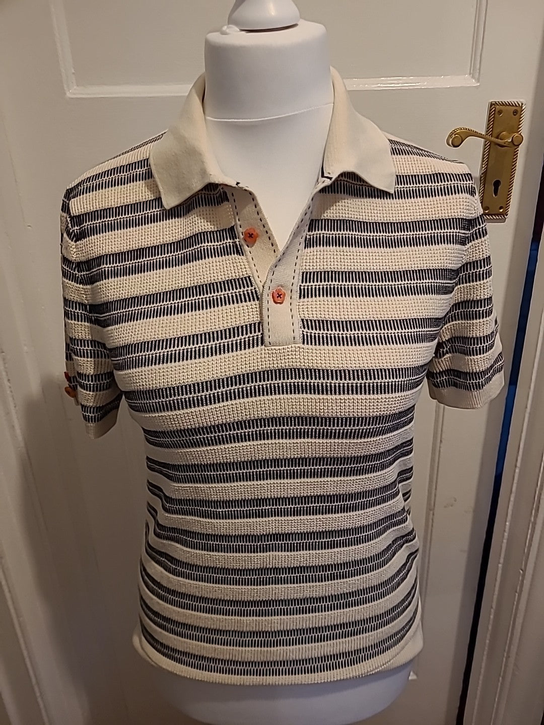 Mens Size Medium Beige And Black Striped Polo
