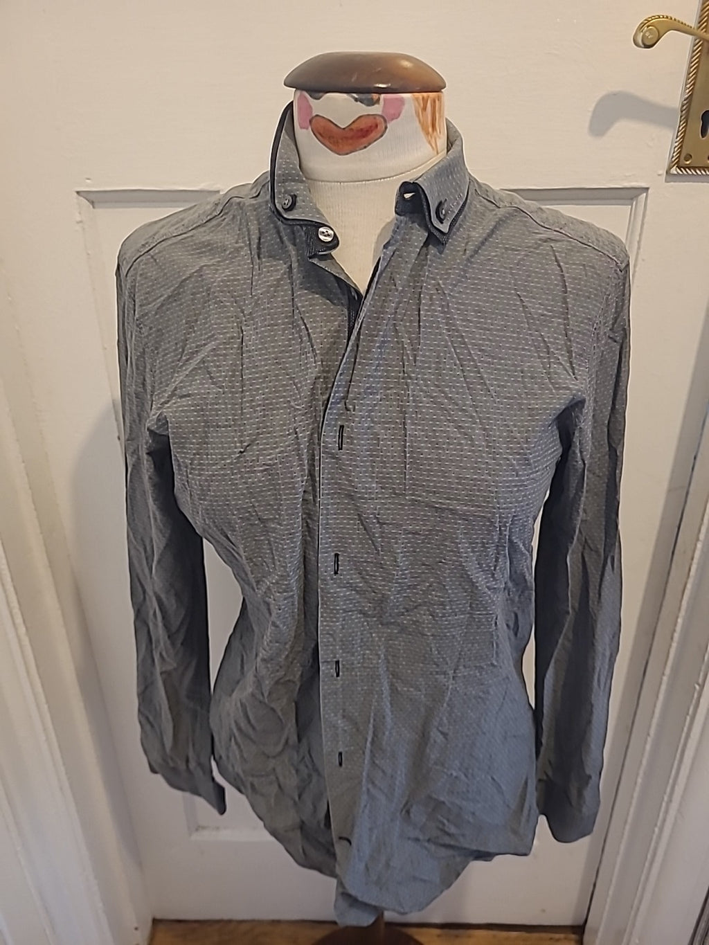 Mens Next Size 14.5" Grey With White Regular Fit Long Sleeved Shirt
