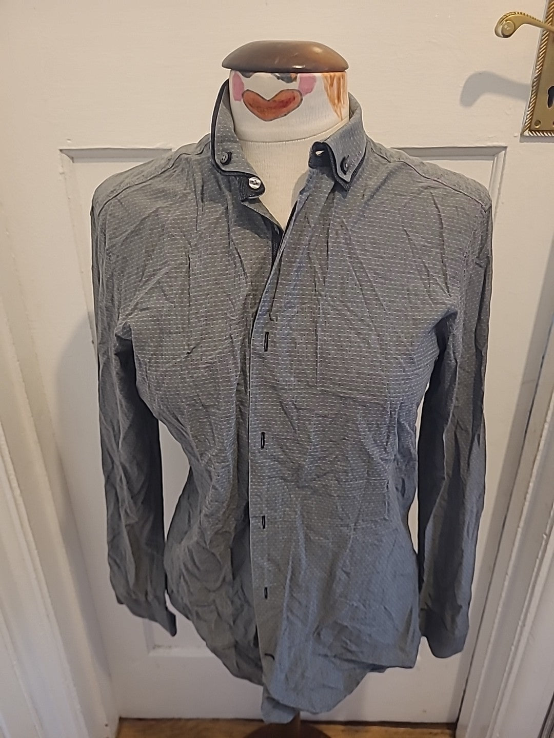 Mens Next Size 14.5" Grey With White Regular Fit Long Sleeved Shirt