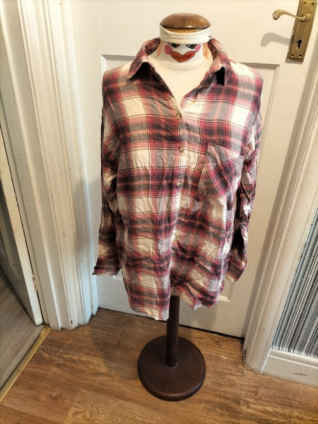 Ladies Primark Size 10-12 Purple Check Long Sleeved Blouse