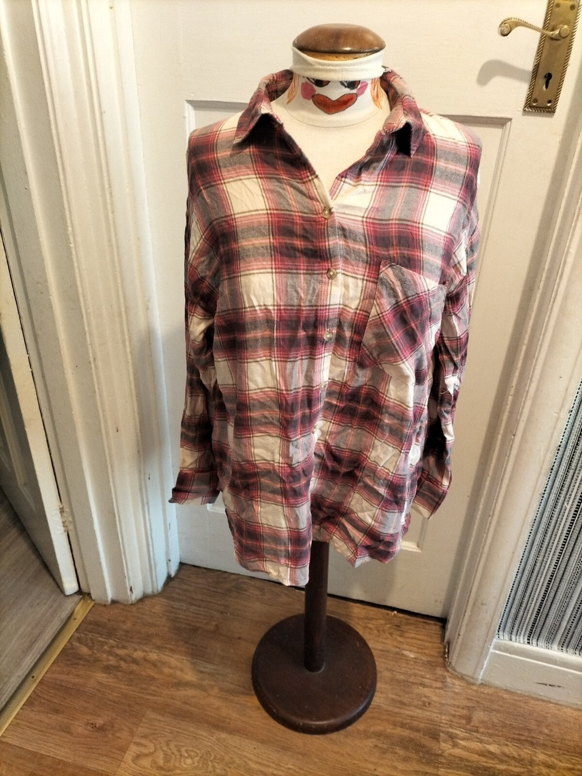 Ladies Primark Size 10-12 Purple Check Long Sleeved Blouse