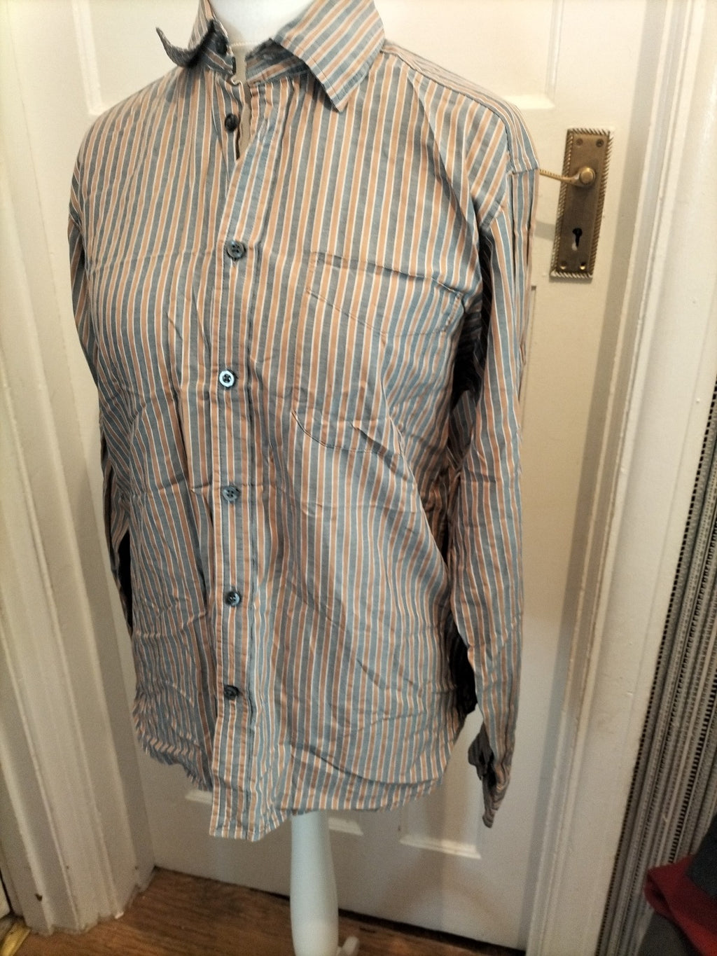 Mens Blue Harbour Size M Gold And Grey Striped Long Sleeved Shirt