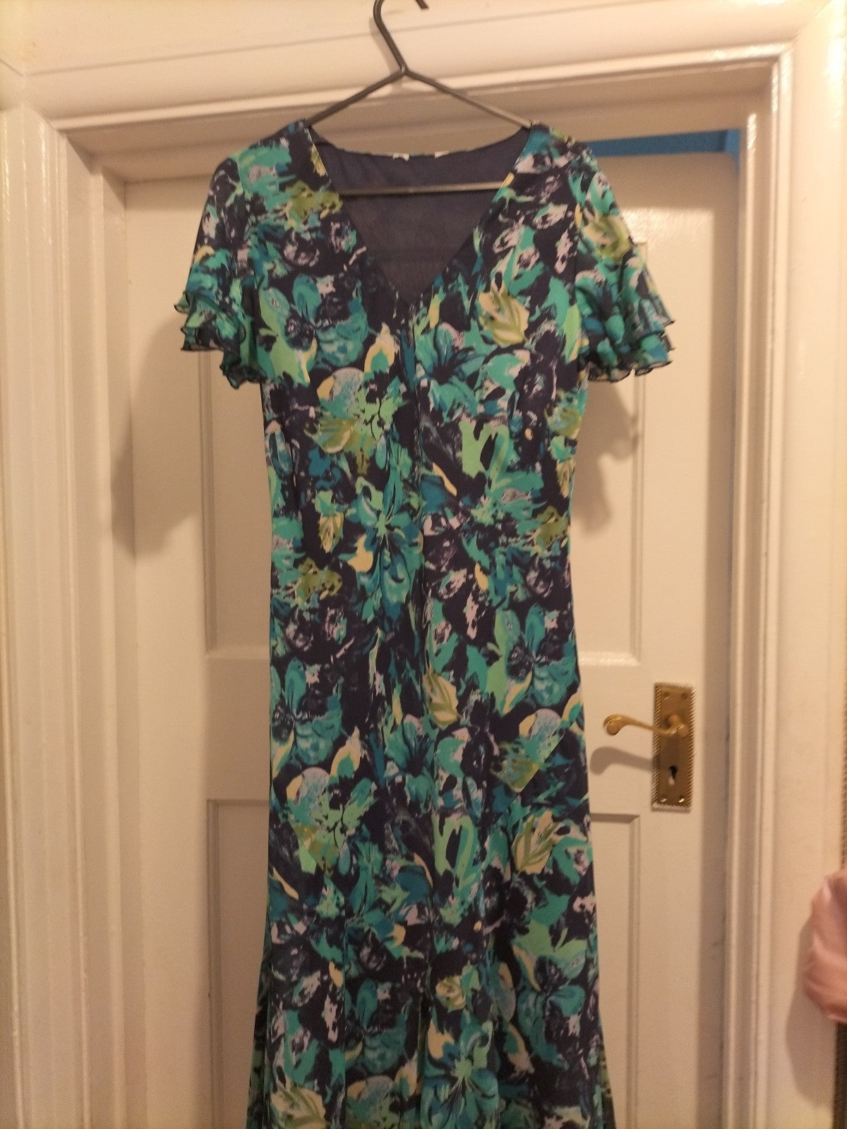 Ladies Size 10-12 Navy/Green Lined Floral Short Sleeved Long Dress