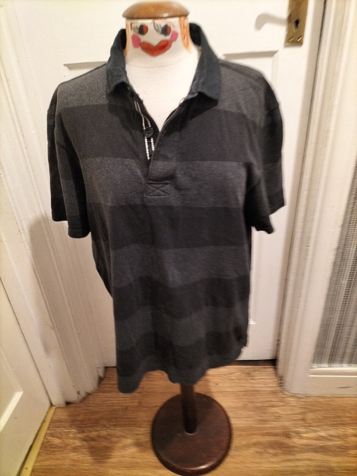 Mens TU Size Large Navy And Black Striped Short Sleeved Polo