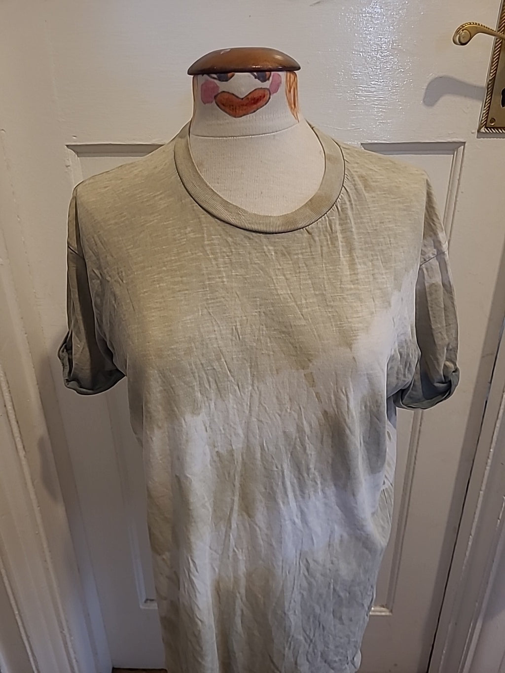 Mens Topman Size Medium Khaki And White Short Sleeved Tshirt(Hole By Label)