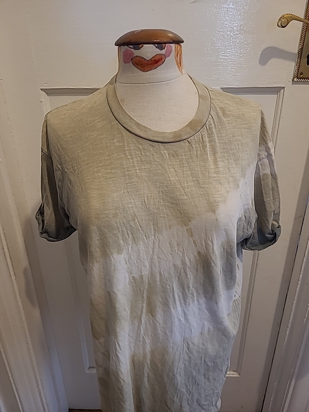 Mens Topman Size Medium Khaki And White Short Sleeved Tshirt(Hole By Label)