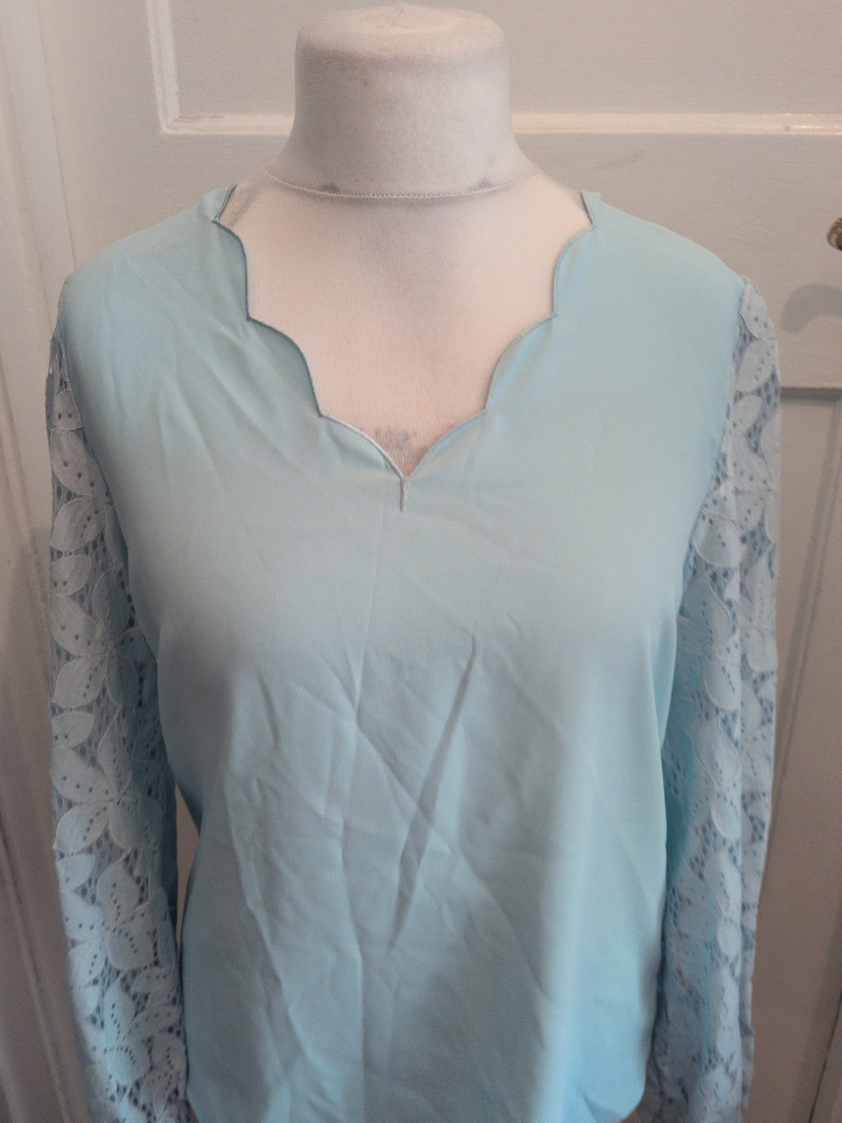 Medium Pale Blue Aqua Long Sleeve Floral Sleeve Blouse