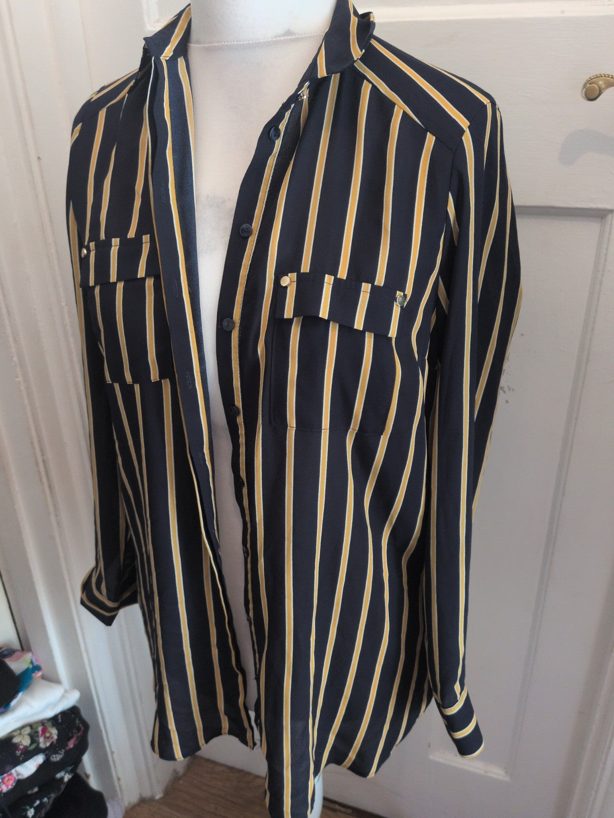 Primark 12 Navy And Yellow Stripe Long Sleeve Collared Buttoned Blouse