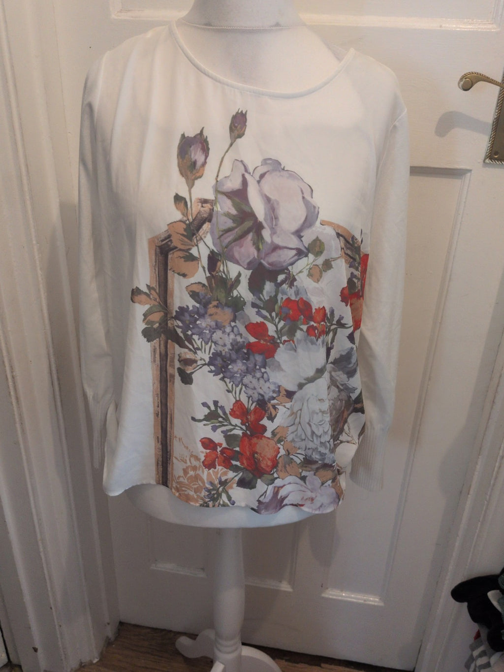 M&S Collection 14-16 White Floral Long Sleeve Blouse
