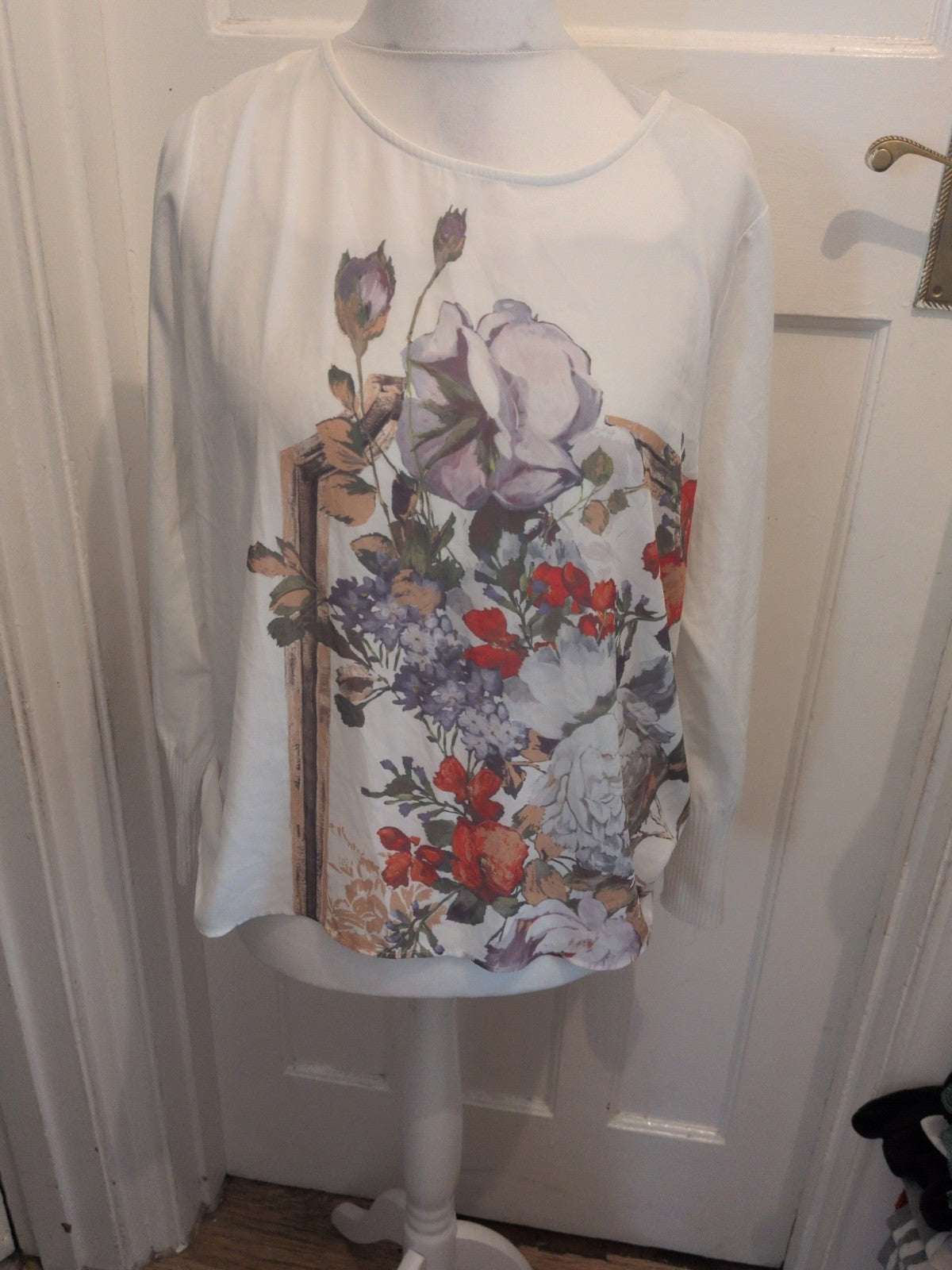 M&S Collection 14-16 White Floral Long Sleeve Blouse