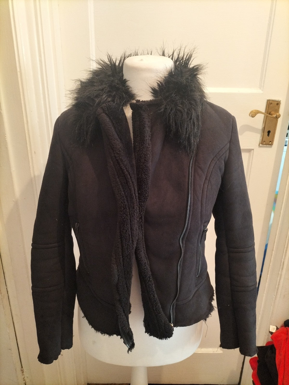 Ladies New Look Size 10 Black Faux Fur Full Zip Jacket