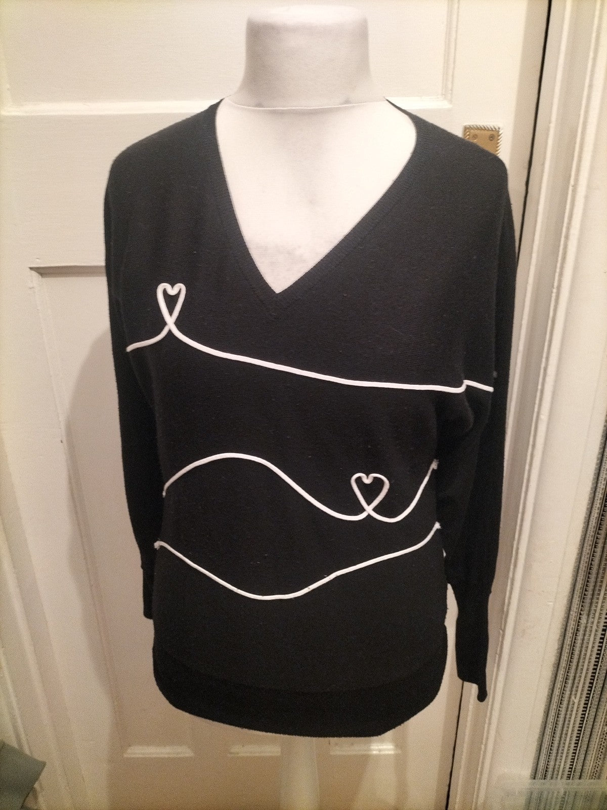 Ladies Next Size XS Black And White Jumper With Hearts