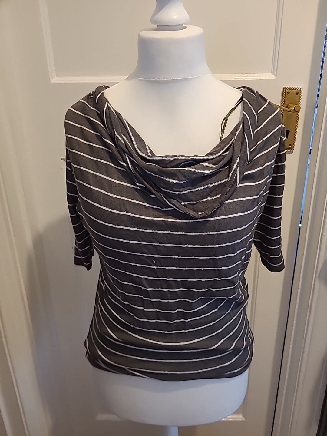 Ladies John Lewis Size 12 Dark Green And White Striped Blouse