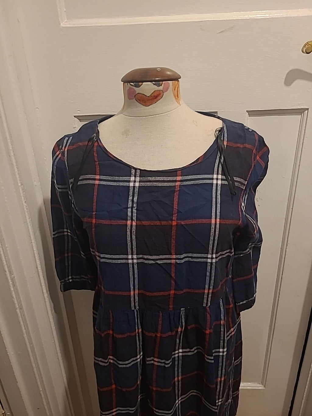 Ladies Primark Size 14 Navy Blue Red Check Mid Sleeved Flare Dress Immaculate