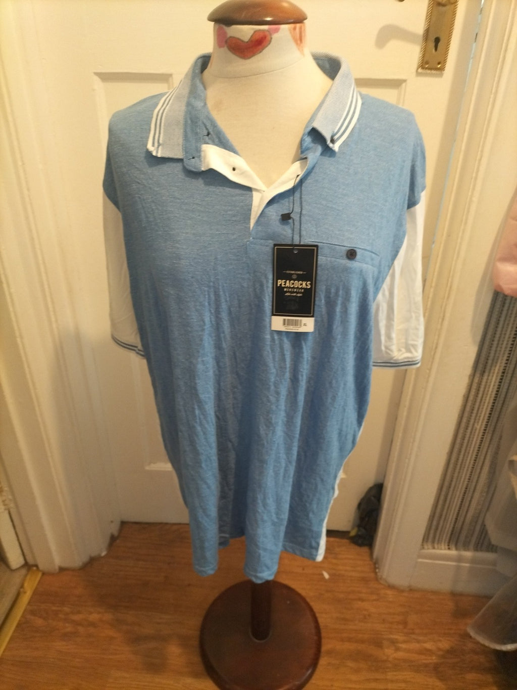Brand New Mens Peacocks Size XL Blue White Short Sleeved Polo Shirt