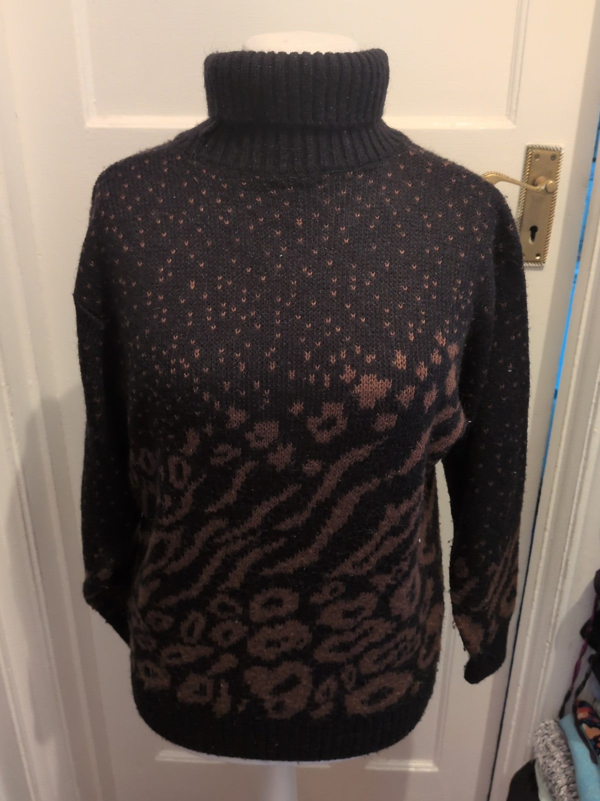 Ladies St Michael Size 12-14 Brown And Black Long Sleeved Roll Neck Jumper