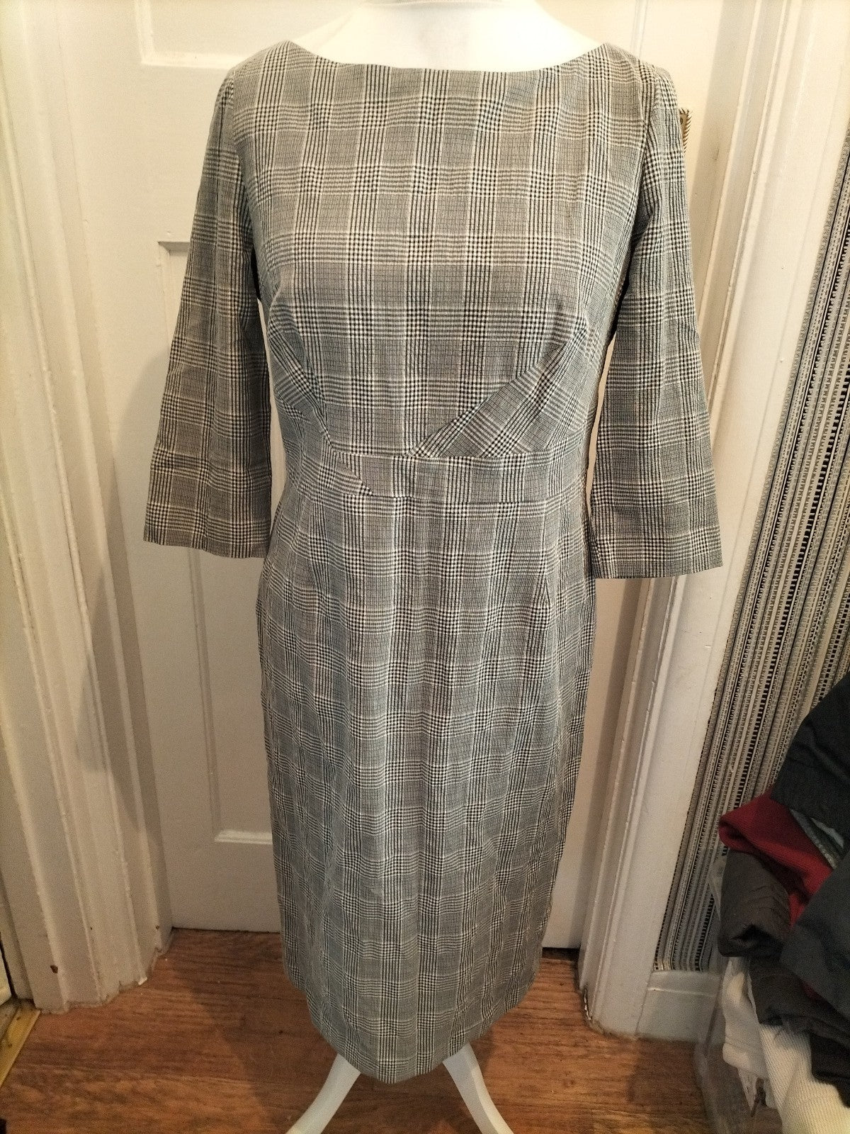 Ladies M&S Collection Size 14 Black White Check Lined Dress Half Sleeve