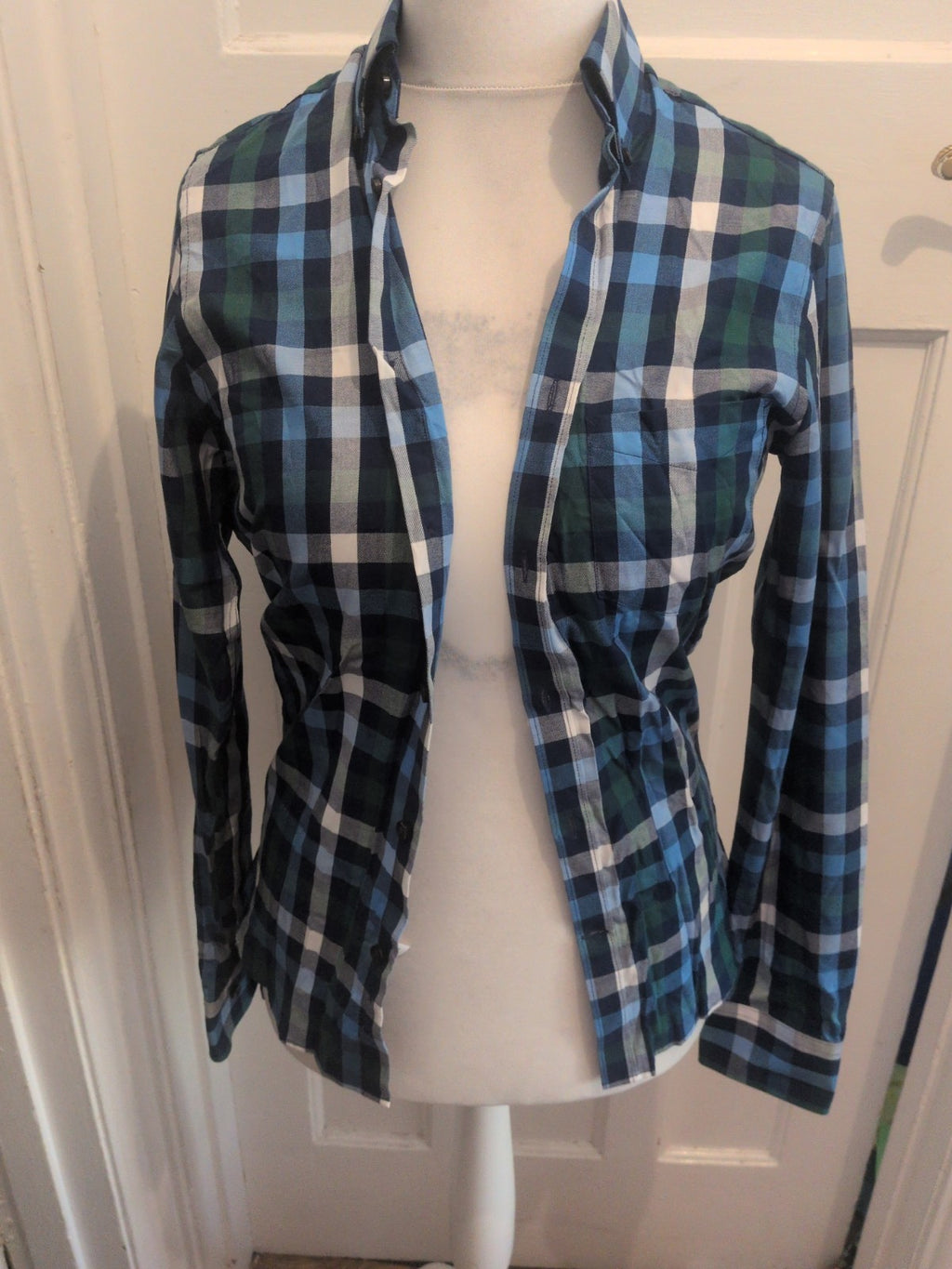 Tm Lewin XS Blue Green White Check Long Sleeve Shirt