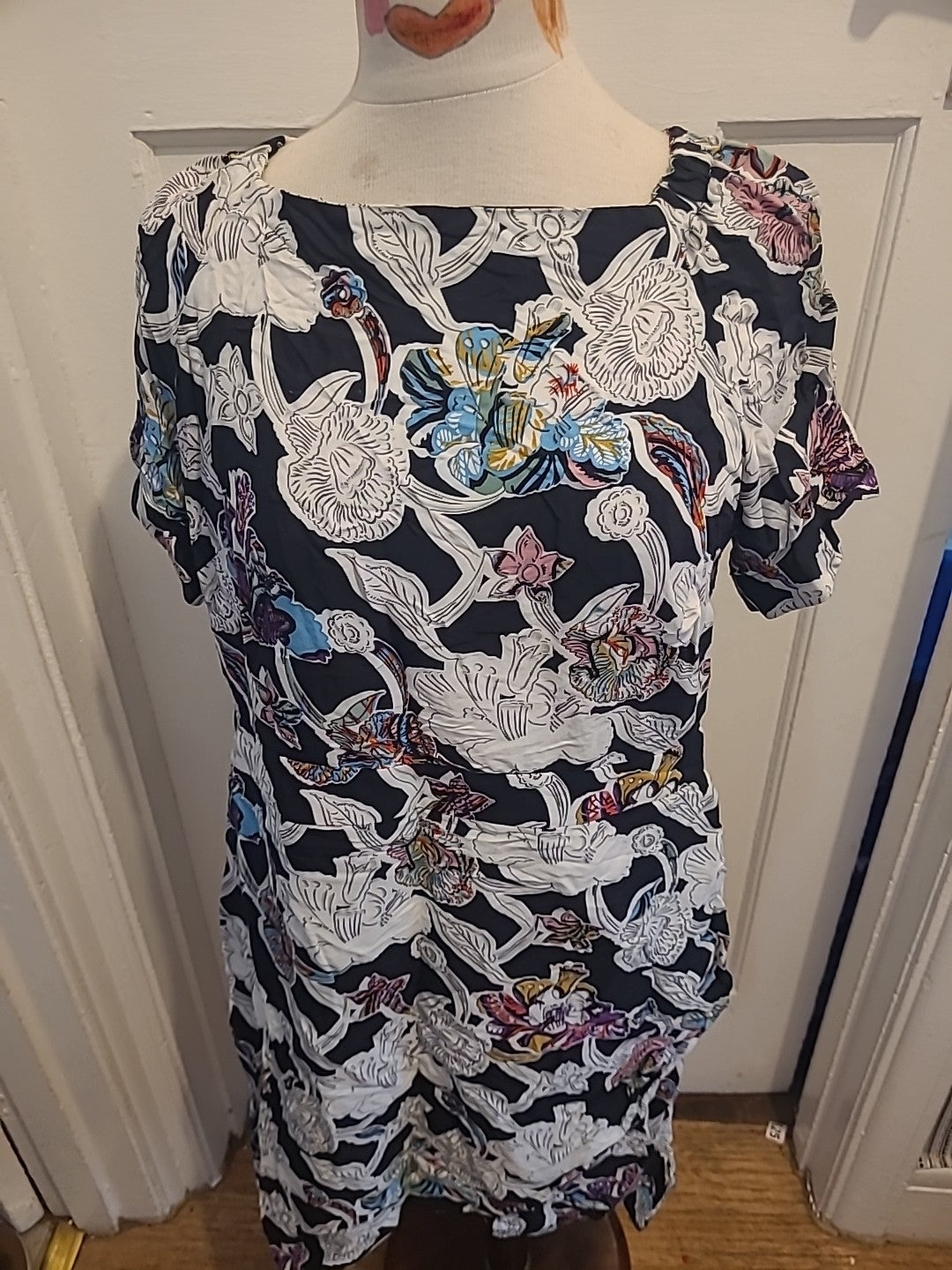 Ladies Topshop Size 16 Black Floral Short Sleeved Strapless Dress