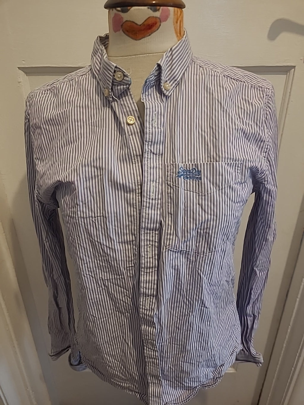 Mens Superdry Size Medium Pale Purple/ White Striped Long Sleeved Shirt