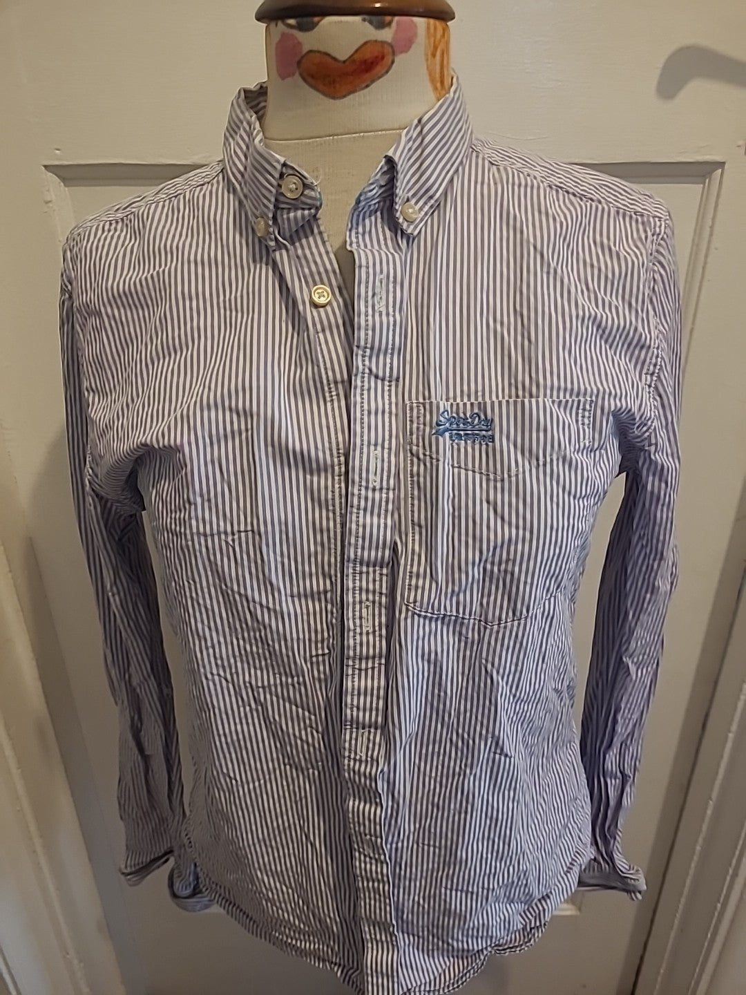 Mens Superdry Size Medium Pale Purple/ White Striped Long Sleeved Shirt