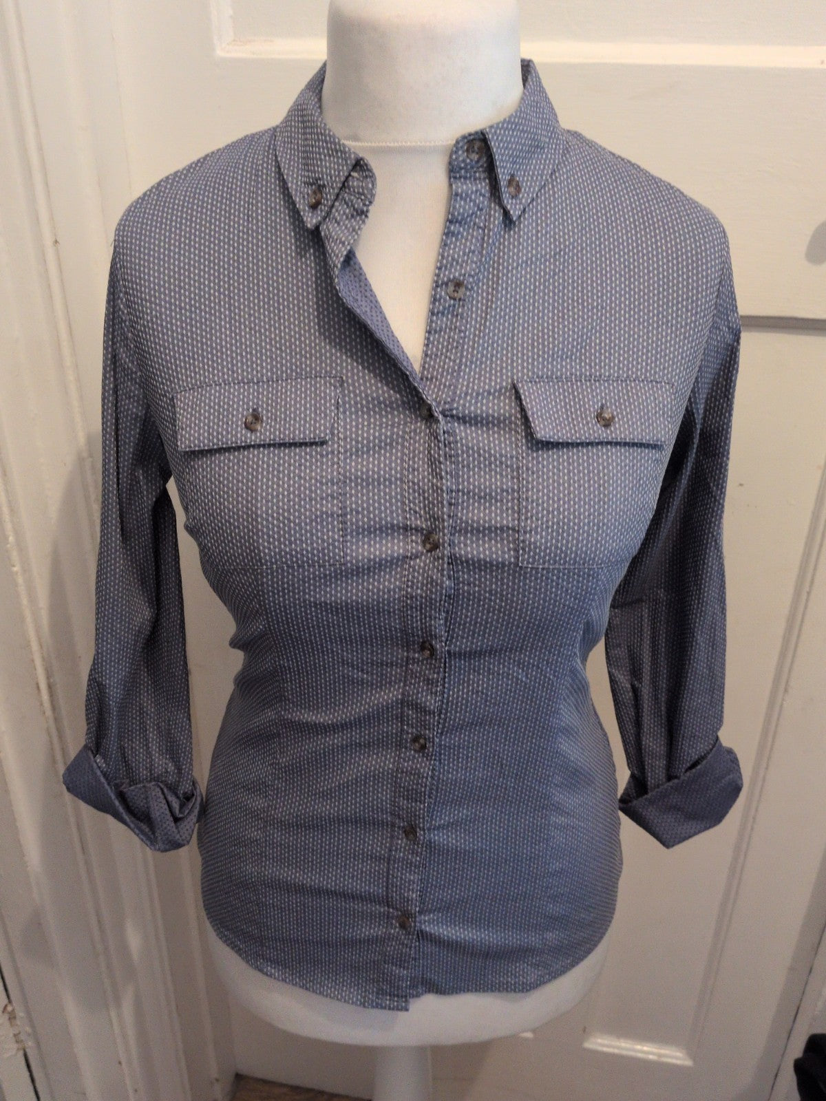 Ladies Next 8 Blue And White Long Sleeve Shirt Collared