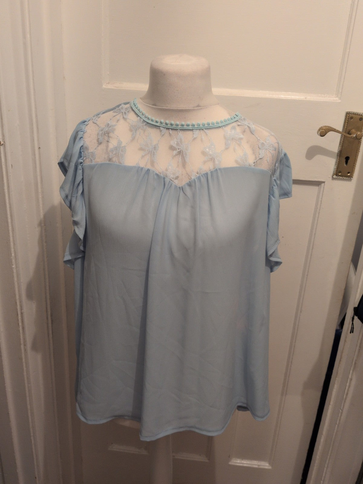 L/XL Blue With Mesh Neck Area Short Sleeve Blouse
