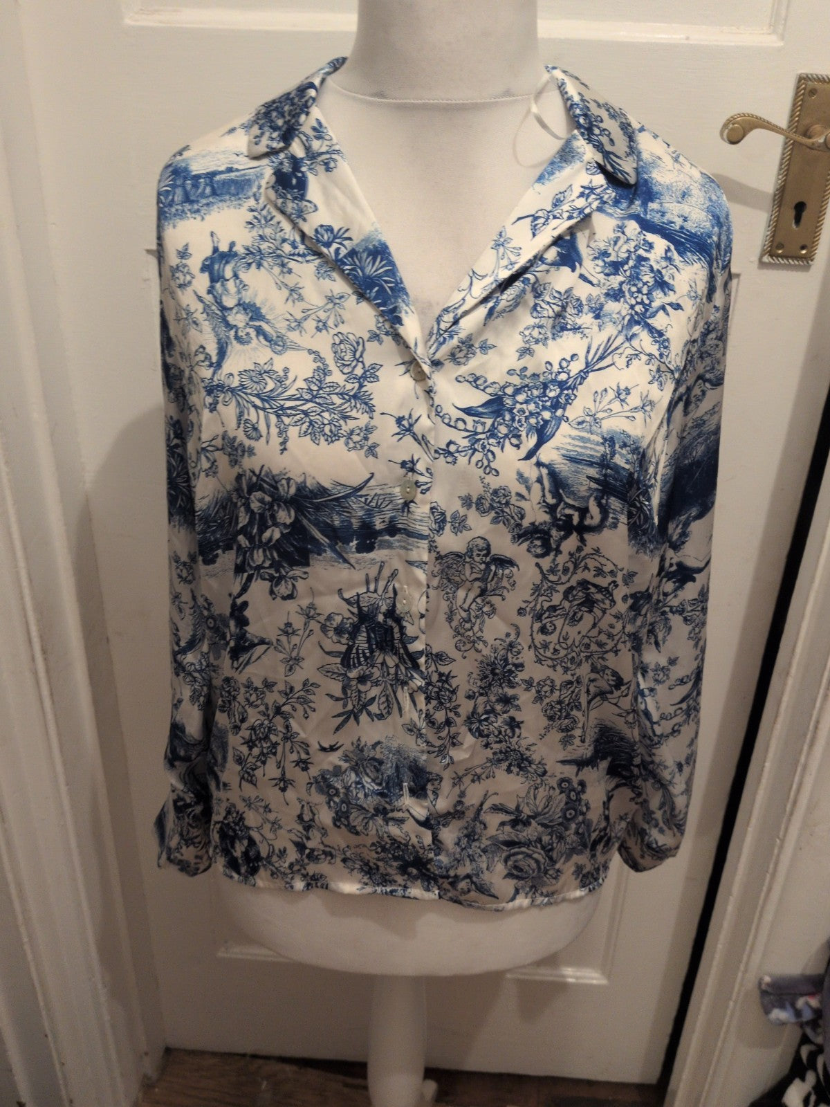 Ladies Primark Small Blue And White Long Sleeve Buttoned Blouse