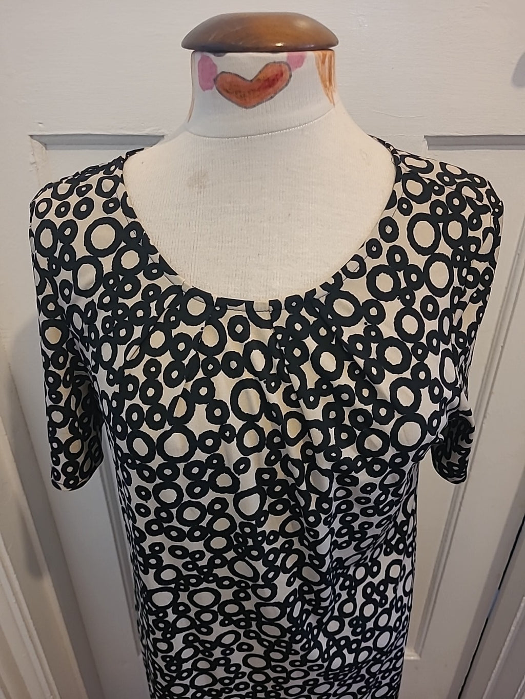 Ladies M+S Size 14 Light Brown Black Circle Design Short Sleeved Dress