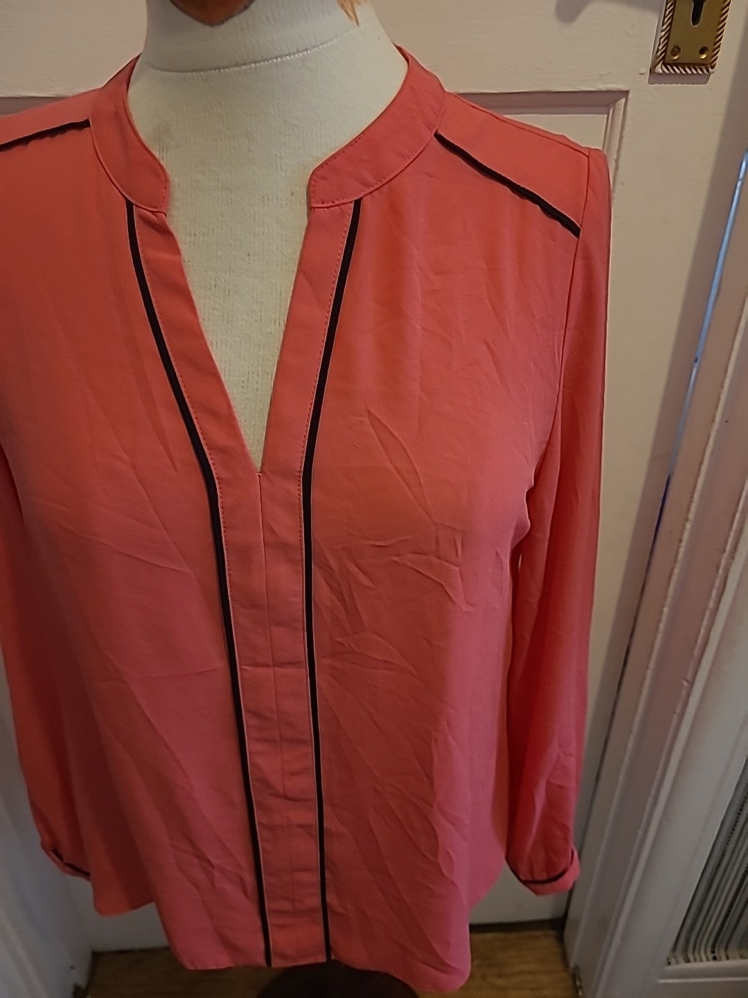 Ladies Primark Size 10 Pink With Black Trim Long Sleeved Blouse