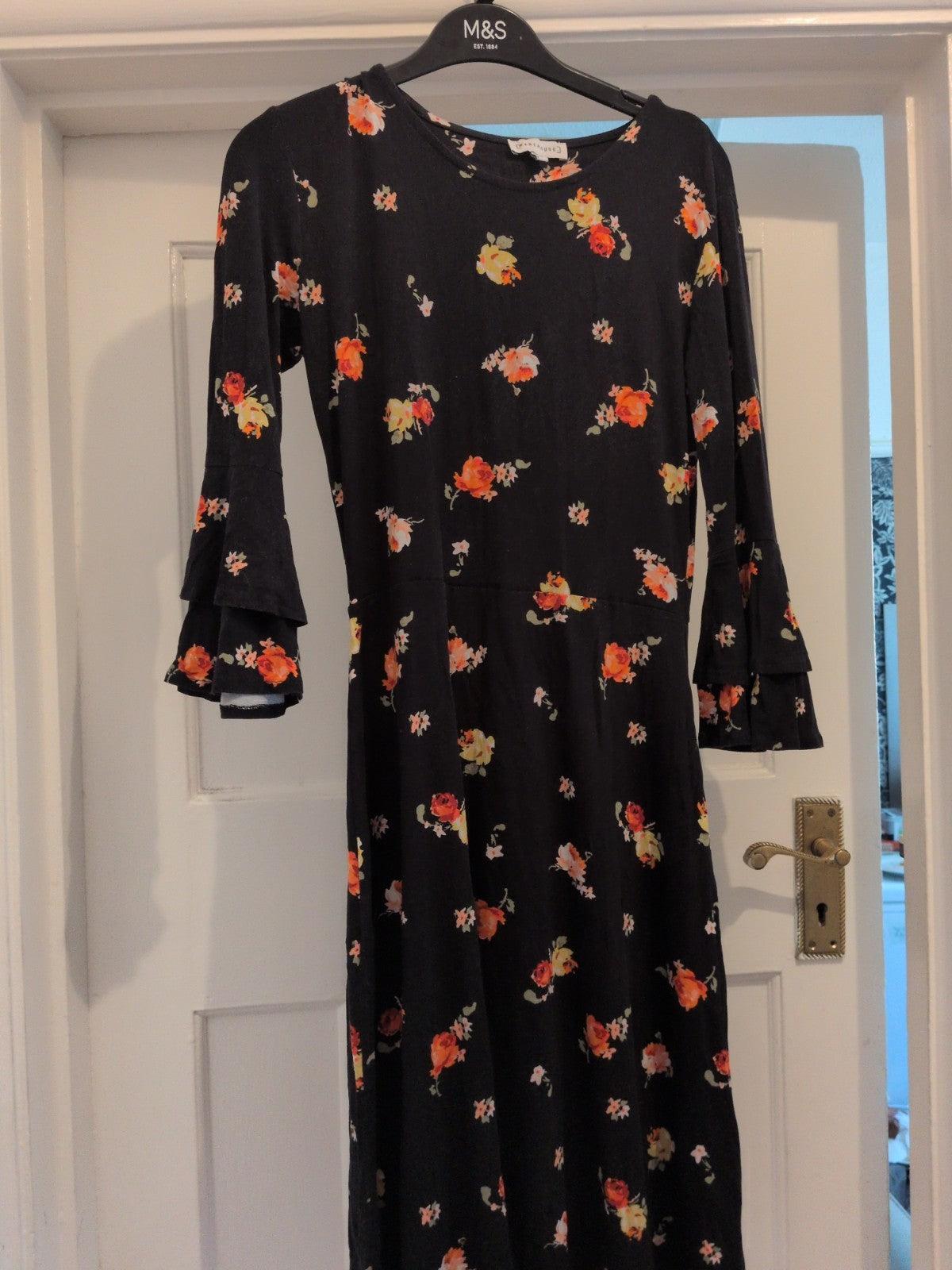 Warehouse 10 Black Orange Floral Long Sleeve Dress Flared