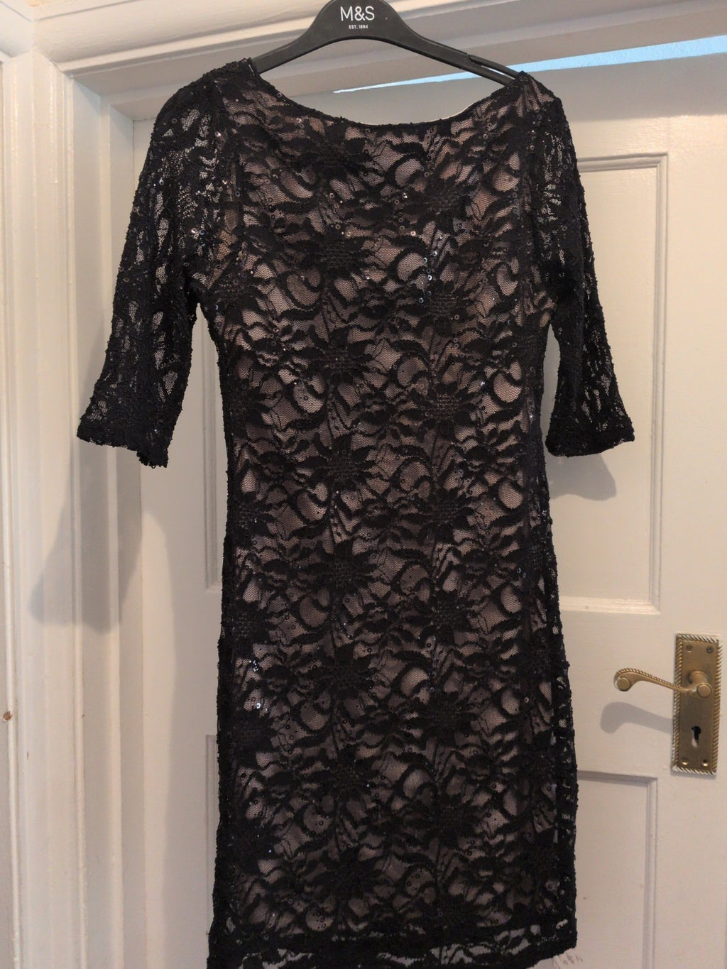 Evie 12 Beige With Black Lace And Sequins Half Sleeve Dress