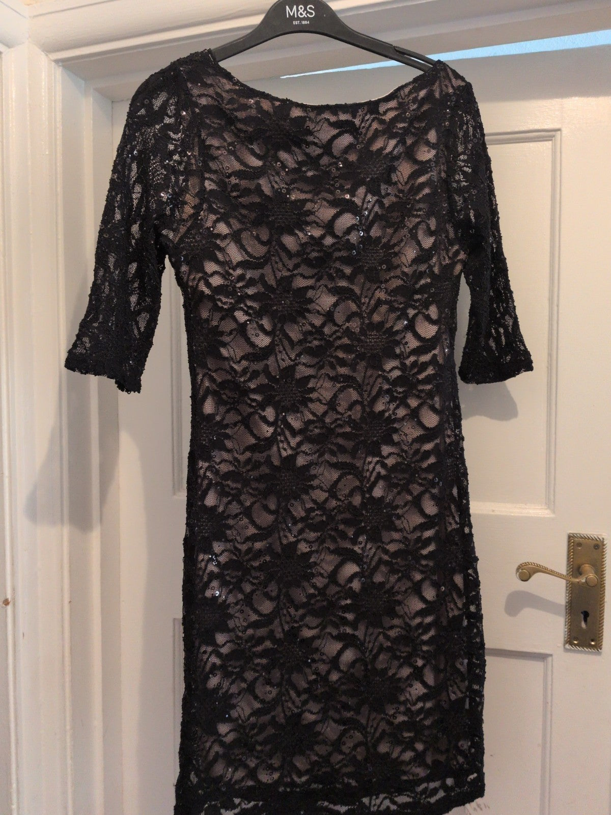 Evie 12 Beige With Black Lace And Sequins Half Sleeve Dress