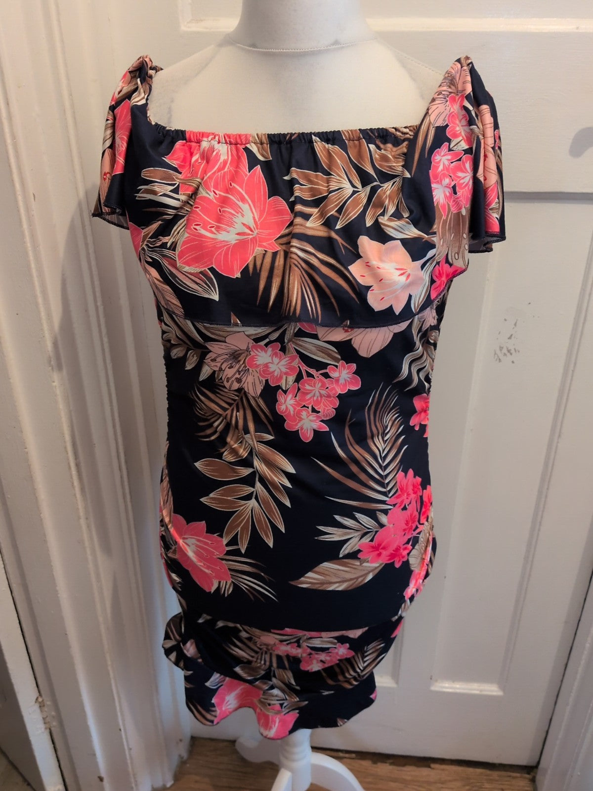 Ladies Short Dress Off The Shoulder Navy Floral Size Xl [16] Free Delivery